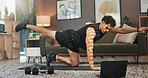 Stretching, laptop and man in home for exercise, workout and training for muscle strength on website. Sports, living room and person on computer for online tutorial, video and streaming for wellness