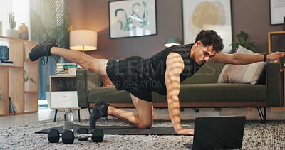 Buy stock photo Stretching, laptop and man in home for exercise, workout and training for muscle strength on website. Sports, living room and person on computer for online tutorial, video and streaming for wellness