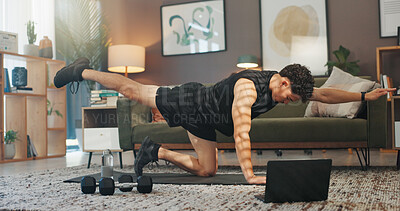 Buy stock photo Fitness, laptop and man in home for stretching, workout and training for muscle strength on website. Exercise, living room and person on computer for online tutorial, video and streaming for wellness