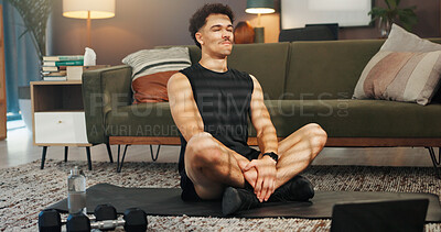 Buy stock photo Man, fitness and laptop on floor in home with video tutorial for exercise, training and learning in lounge. Person, computer and online class on internet, workout and equipment on mat at apartment
