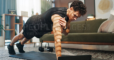 Buy stock photo Fitness, laptop and man in home for workout, exercise and training for muscle strength on website. Sports, house and person with computer for online tutorial or video for push up, plank and balance