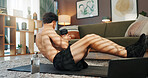 Exercise, laptop and man in home with weights for fitness, workout and training for muscle strength. Sports, living room and person with computer for online tutorial, video and streaming for wellness