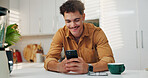 Reading, smile and man on smartphone in kitchen for communication, morning news and message. Home, online and happy person on mobile for texting, social media and website to download application