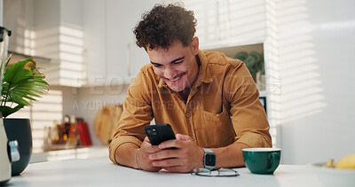 Buy stock photo Home, smile and man on smartphone in kitchen for communication, morning news and message. Reading, online and happy person on mobile for texting, social media and website to download application