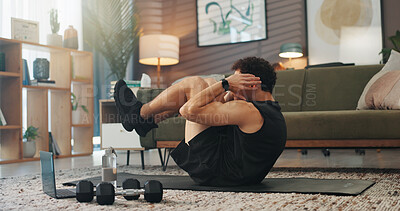 Buy stock photo Sit up, laptop and man in home for exercise, core workout and training for muscle strength on website. Fitness, dumbbells and person on computer for online tutorial, video and streaming for wellness