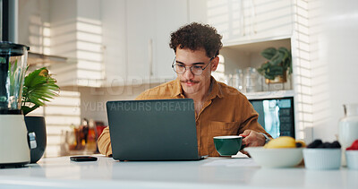 Buy stock photo Remote work from home, laptop and man with coffee, online reading and research for article. Person, freelance writer and journalist in kitchen, cappuccino or internet with website for editing or app 