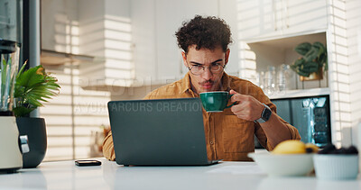 Buy stock photo Business, coffee and laptop with man in kitchen of home for startup planning or research. Computer, email and reading with freelance employee drinking caffeine beverage in apartment for online review