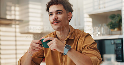 Buy stock photo Coffee, happy and man in kitchen in home with peaceful, relax and comfort with morning routine. Fatigue, mug and tired male person drinking tea, caffeine latte or cappuccino in apartment for beverage