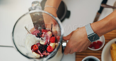Buy stock photo Fruit smoothie, hands and person with blender for breakfast shake, meal replacement and organic drink. Above, nutrition and preparation in kitchen for weight loss beverage, protein diet and wellness
