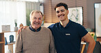 Nurse, senior man and hug in home, portrait and happy with support for wellness, care and retirement. Elderly person, caregiver and smile with kindness, embrace and services for health at house