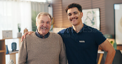 Buy stock photo Nurse, senior man and hug in home, portrait and happy with support for wellness, care and retirement. Elderly person, caregiver and smile with kindness, embrace and services for health at house