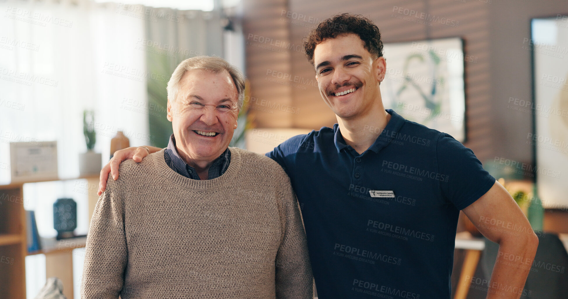 Buy stock photo Nurse, senior man and hug in home, portrait and happy with support for wellness, care and retirement. Elderly person, caregiver and smile with kindness, embrace and services for health at house