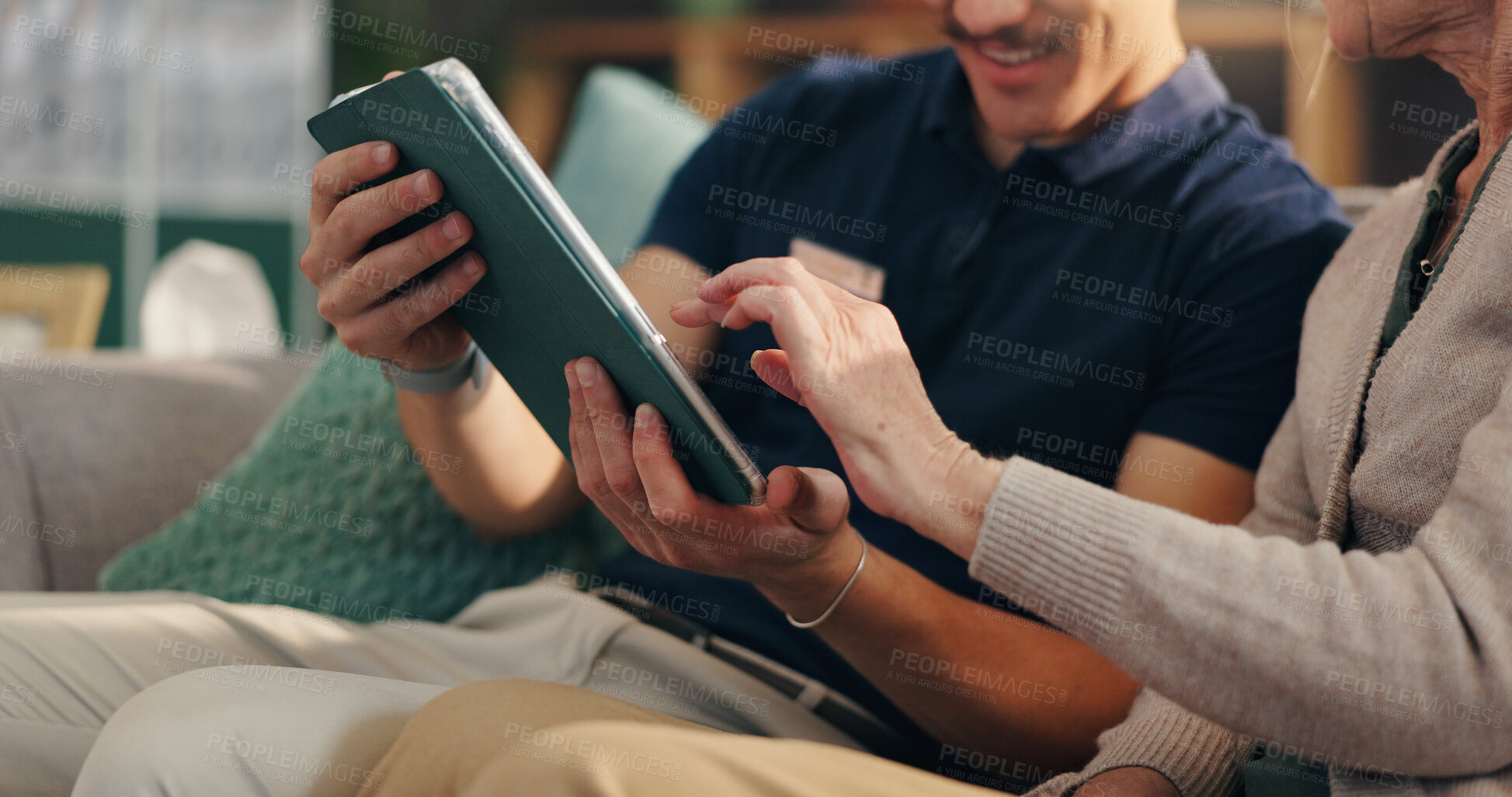 Buy stock photo Caregiver, tablet and old woman on couch with hands, advice and medical consultation in senior care. Conversation, homecare and elderly person on sofa with nurse, digital app and health insurance.