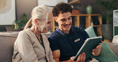 Buy stock photo Old woman, nurse and tablet on sofa, happy and report for wellness in living room at apartment. Caregiver, elderly person and digital touchscreen for good news, application and results in retirement