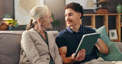 Buy stock photo Senior woman, nurse and tablet on couch, happy and report for wellness in living room at apartment. Caregiver, elderly person and digital touchscreen for health, application and results in retirement