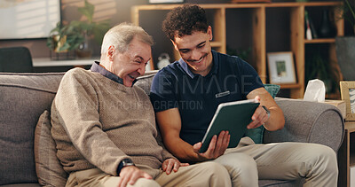 Buy stock photo Old man, nurse and tablet on sofa, happy and help for streaming movie in lounge at apartment. Caregiver, elderly person and digital touchscreen for film, app and relax with laugh in retirement home
