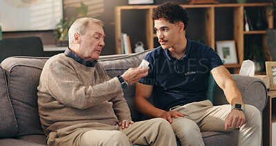 Buy stock photo Caregiver, senior man and pills in home with supplements medication, tablets dosage and illness management. Homecare, old person and healthcare worker with prescription drugs for medical treatment