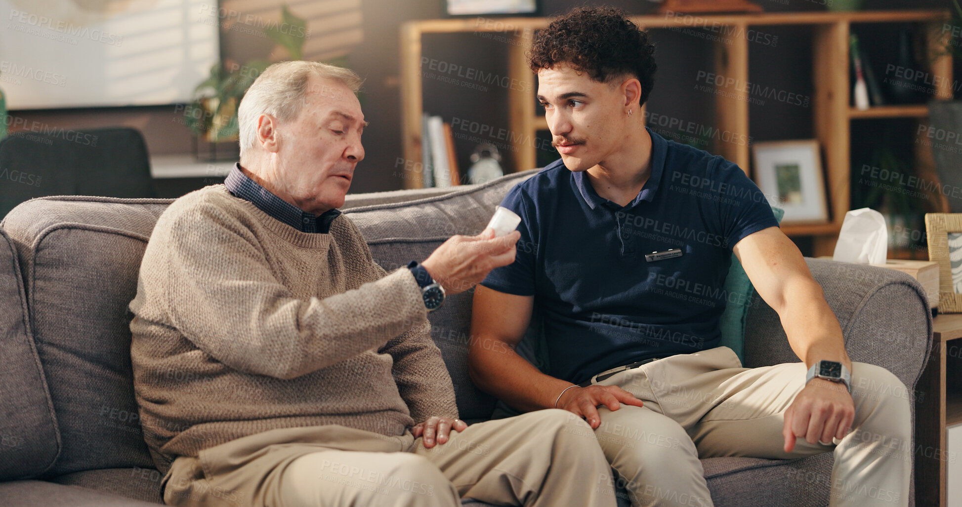 Buy stock photo Caregiver, senior man and pills in home with supplements medication, tablets dosage and illness management. Homecare, old person and healthcare worker with prescription drugs for medical treatment
