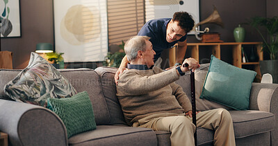 Buy stock photo Senior man, nurse and sofa with assisted living for healthcare service at old age home. Caregiver, medical worker or physiotherapist helping elderly or person with a disability at retirement house