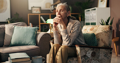 Buy stock photo Senior woman, morning and thinking with doubt on sofa for dream or ambition at old age home. Elderly, female person or retired pensioner with wonder or thought on chair for nostalgia or past at house