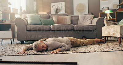 Buy stock photo Senior woman, faint and floor at house for heart attack, cardiac arrest and medical accident. Unconscious, walking stick and elderly person with disability for stroke emergency, healthcare problem