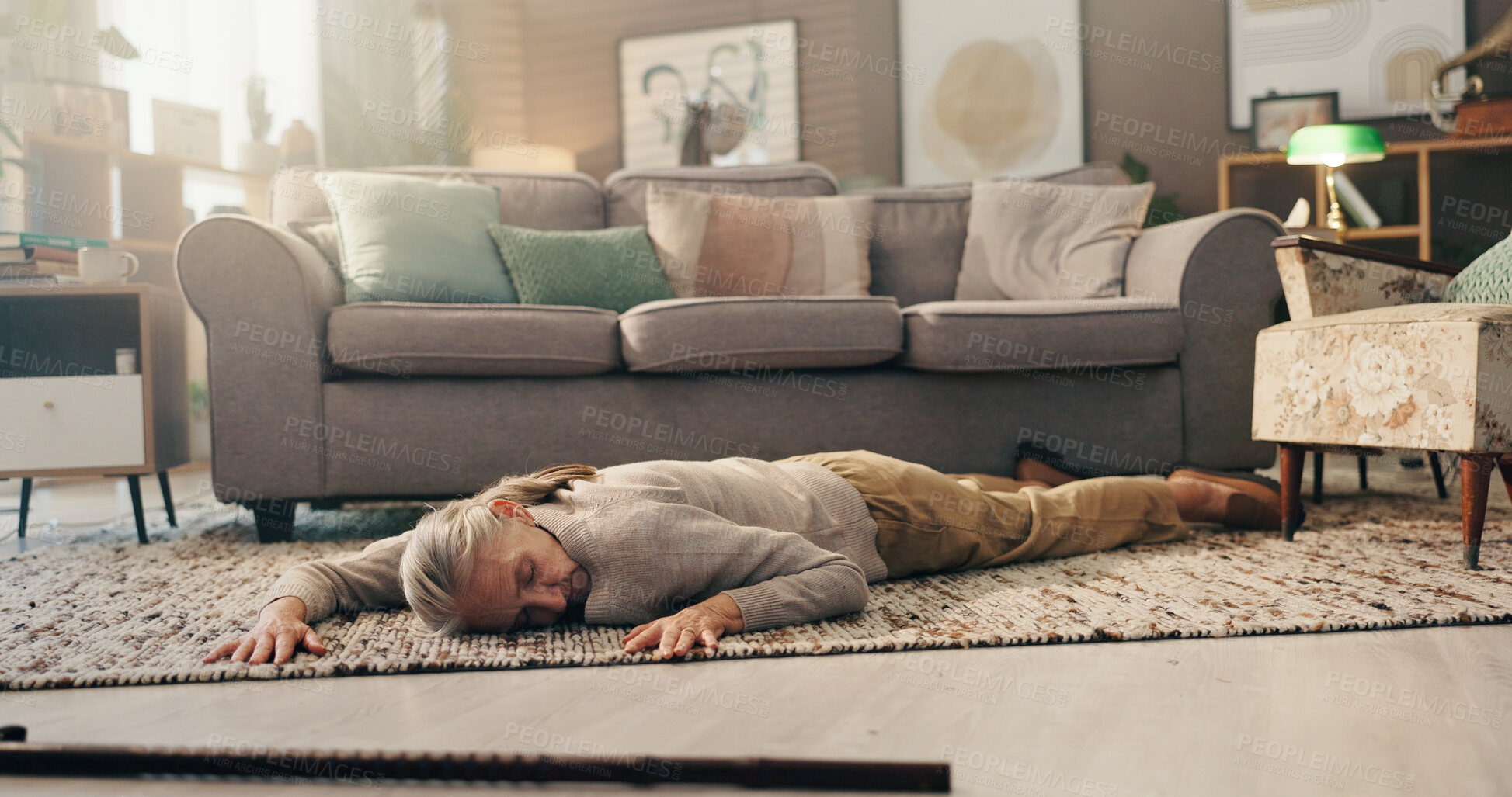 Buy stock photo Senior woman, faint and floor at house for heart attack, cardiac arrest and medical accident. Unconscious, walking stick and elderly person with disability for stroke emergency, healthcare problem