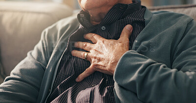 Buy stock photo Home, hands and old man with chest pain, discomfort and cardiac symptoms in lounge. Closeup, pensioner or elderly person with heart attack signs, retirement and viral infection with illness or asthma