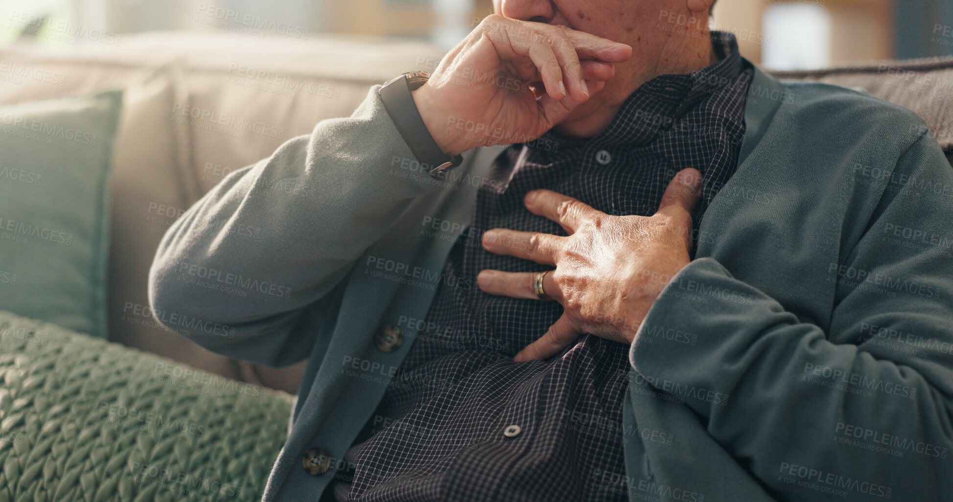 Buy stock photo Home, hands and old man with chest pain, cough and cardiac symptoms in lounge. Closeup, hypertension or elderly person with heart attack signs, retirement and viral infection with illness or asthma