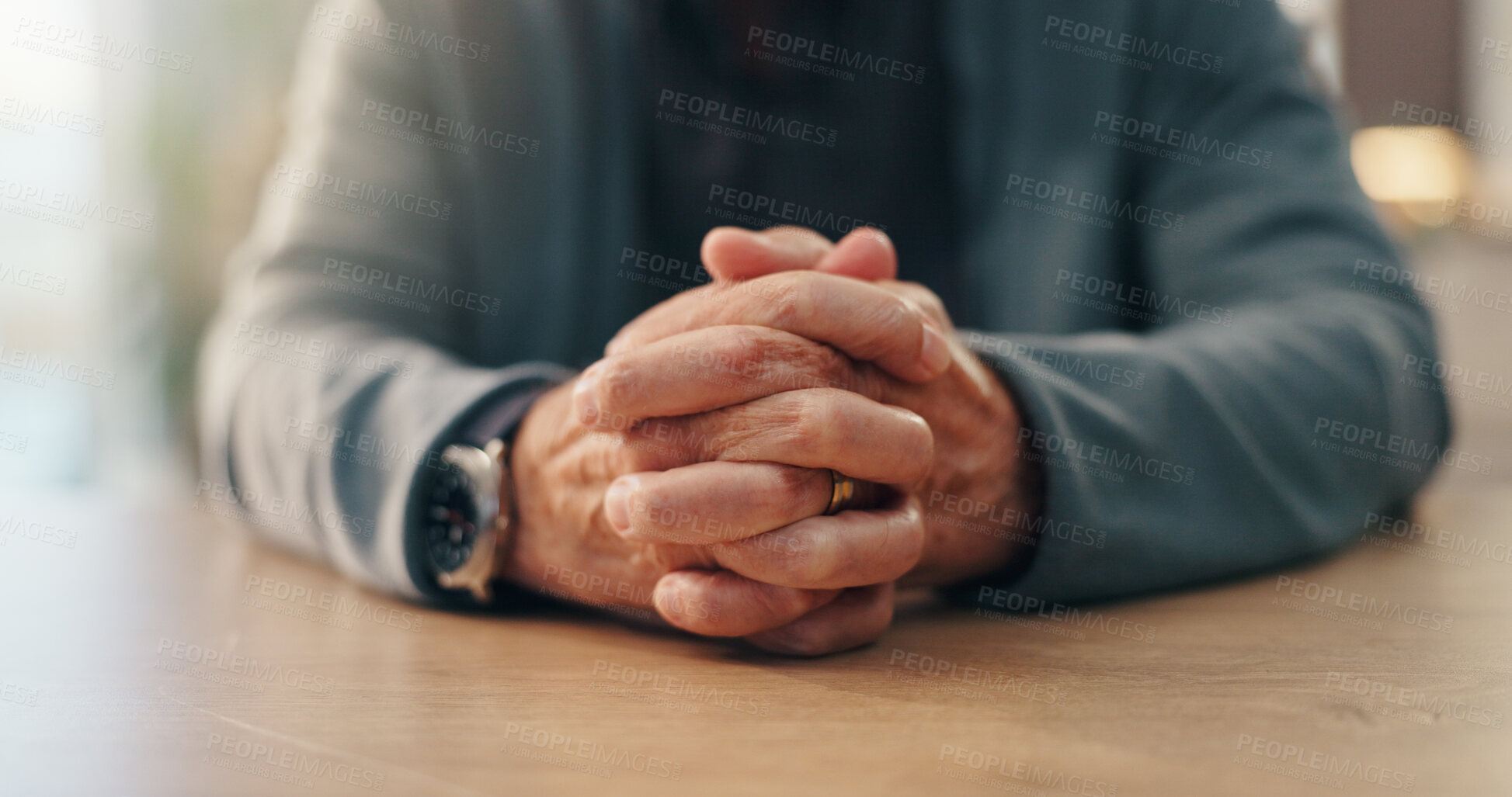 Buy stock photo Hands, prayer and senior person with faith in house, religion and connection with holy spirit in retirement. Belief, worship and Christianity with praise, God and peace in morning at nursing home
