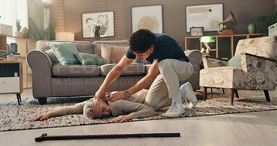 Buy stock photo Senior woman, faint or caregiver with medical emergency, parademic service or checking vitals on floor. Healthcare worker, elderly and unconscious patient or person with a disability for fall at home