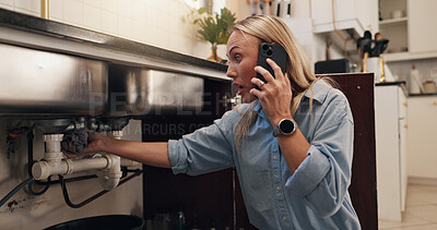 Buy stock photo Woman, phone call and stress by kitchen sink for leak, emergency and talk with shock at apartment. Person, smartphone and contact for repair, help and plumbing services for drain in morning at house