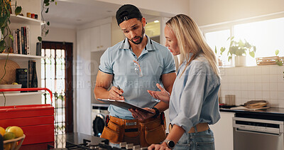 Buy stock photo Woman, man and plumber with clipboard in kitchen for invoice, report and talk for repair at house. People, handyman and client with checklist for drainage system, inspection and leak at apartment