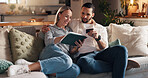 Woman, man and tablet with credit card on sofa in home for online shopping, happy and deal in lounge. Couple, digital touchscreen and app for e commerce, sale and discount with easy payment in house
