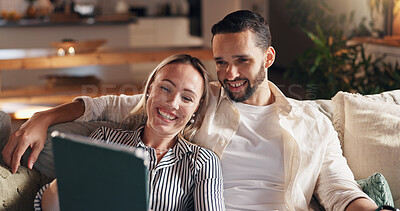 Buy stock photo Woman, man and tablet with smile on sofa, relax and streaming with film, show or comedy in home. Couple, happy and digital touchscreen with application for social media, movies or series at apartment