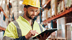 Man, tablet and scroll for shipping with inspection, distribution information or schedule with quality control. Logistics, digital report or delivery logs, tech and inventory management at warehouse