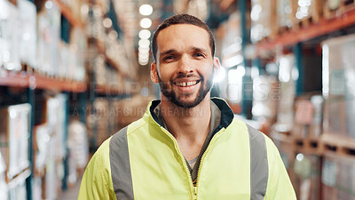 Buy stock photo Man, portrait and smile in warehouse for logistics, export business and supply chain. Factory supervisor, safety and confident in storage facility with happiness for new distribution opportunity