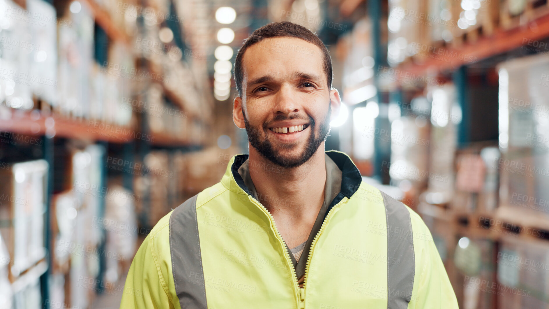 Buy stock photo Man, portrait and smile in warehouse for logistics, export business and supply chain. Factory supervisor, safety and confident in storage facility with happiness for new distribution opportunity