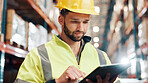 Man, tablet and scroll for distribution with inspection, shipping information or schedule with quality control. Logistics, digital report or delivery logs, tech and inventory management at warehouse
