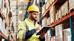Man, tablet and distribution with inspection at plant, shipping information scroll or schedule with quality control. Logistics, supplier or delivery report, tech and inventory management at warehouse