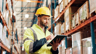Buy stock photo Man, tablet or distribution with inspection at plant, shipping information scroll or schedule for quality control. Logistics, supplier or delivery report on tech for inventory management at warehouse