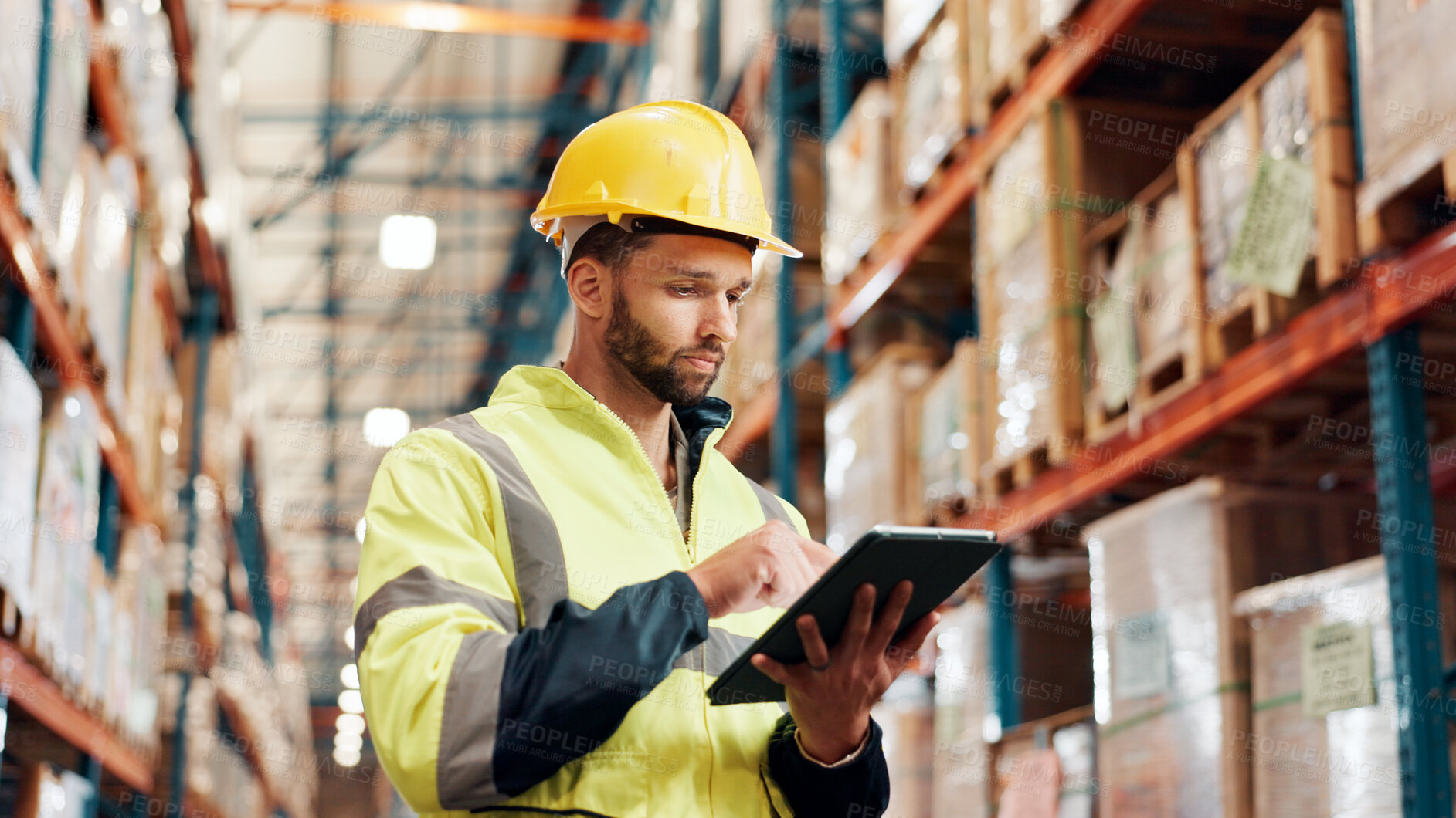 Buy stock photo Man, tablet or distribution with inspection at plant, shipping information scroll or schedule for quality control. Logistics, supplier or delivery report on tech for inventory management at warehouse