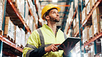 Man, tablet and shipping with inspection at storage facility, distribution info or check for quality control. Logistics, supply chain or delivery schedule, tech and inventory management at warehouse
