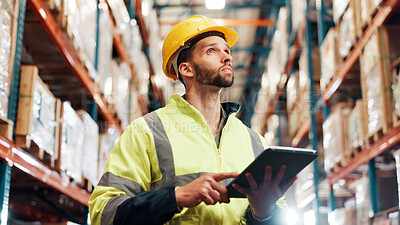 Buy stock photo Man, tablet or shipping with inspection at storage facility, distribution info or check for quality control. Logistics, supply chain or delivery schedule on tech for inventory management at warehouse
