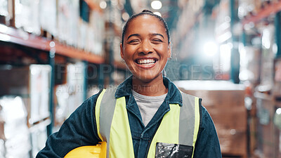 Buy stock photo Woman, portrait and happy in warehouse for logistics, export business and supply chain. Compliance supervisor, PPE and excited in storage facility with confidence for new distribution opportunity