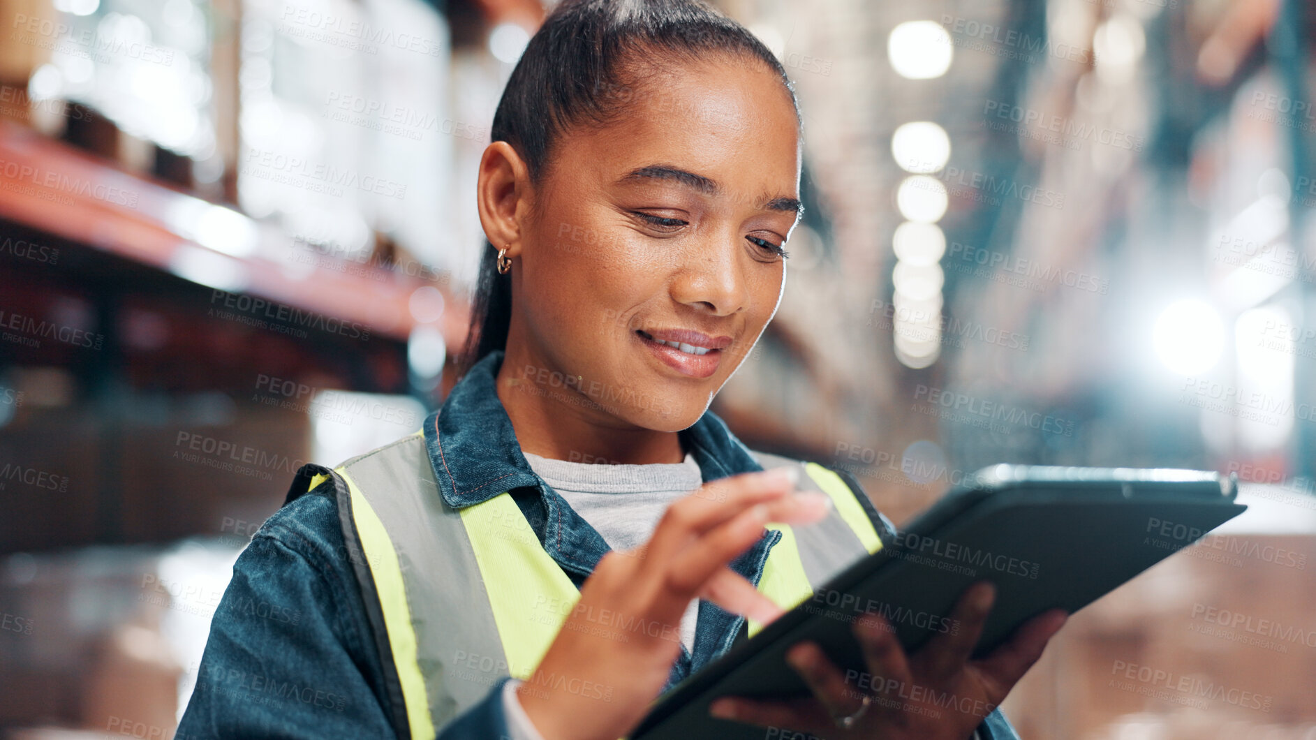 Buy stock photo Woman, tablet and logistics scroll at warehouse, shipping schedule or delivery report for inventory management. Cargo, freight or supply chain with digital checklist, tech and stocktaking at plant