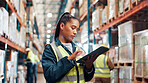 Woman, scroll on tablet and shipping at warehouse, logistics  inspection or delivery for inventory management. Cargo, freight or supply chain with digital checklist, tech and stock check at plant