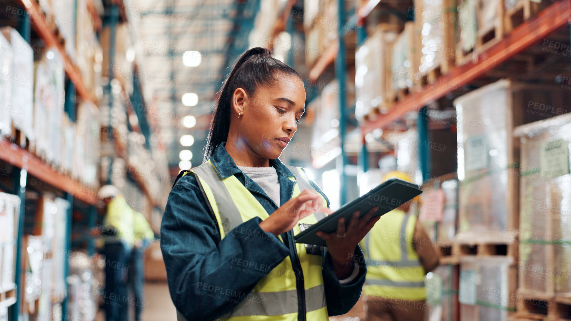 Buy stock photo Woman, scroll on tablet and shipping at warehouse, logistics  inspection or delivery for inventory management. Cargo, freight or supply chain with digital checklist, tech and stock check at plant