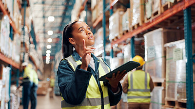 Buy stock photo Shipping, counting and inspection with woman, tablet and warehouse for quality assurance, check and pointing. Digital checklist, logistics log or female person in factory for stocktaking with tech