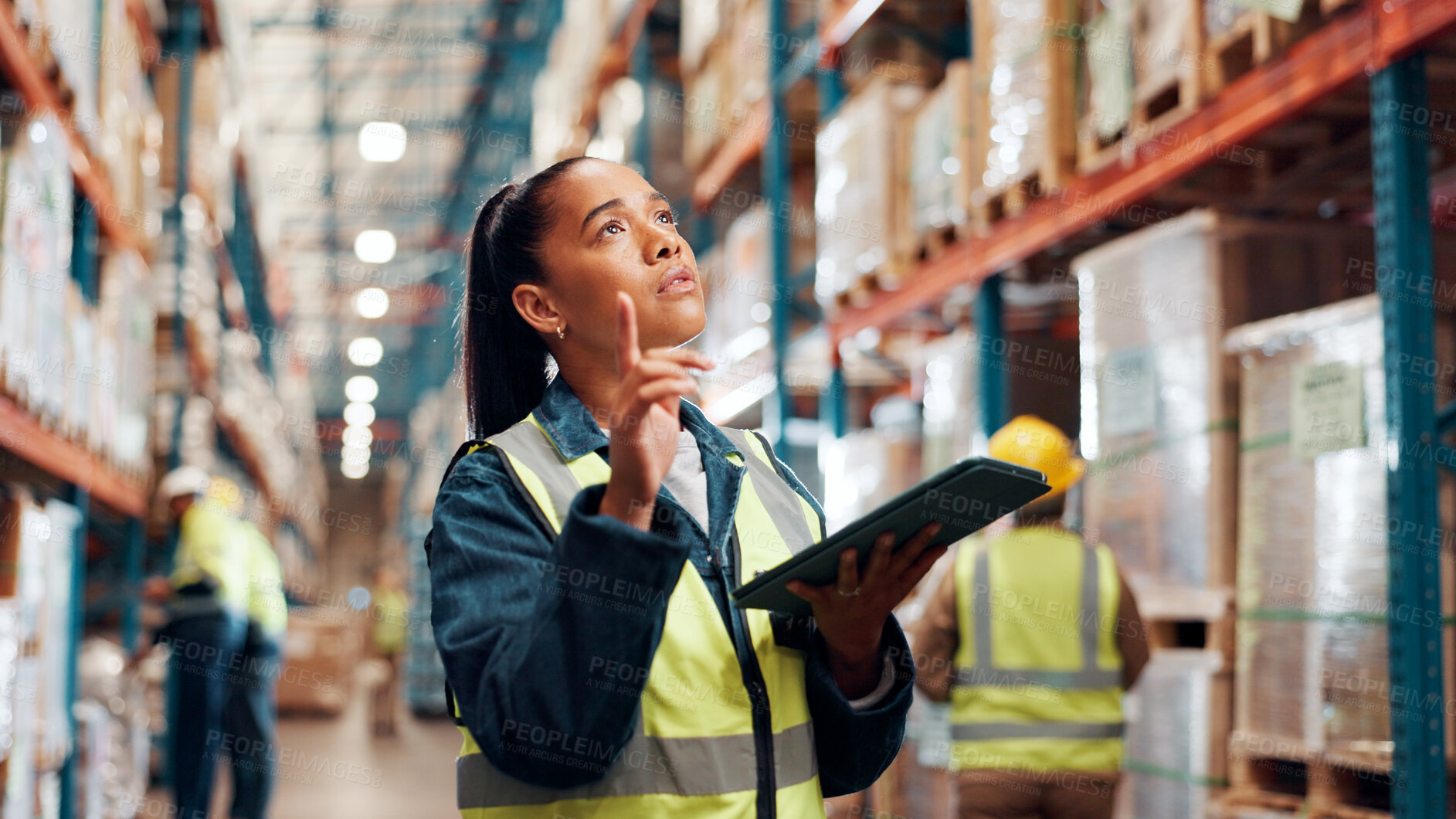 Buy stock photo Shipping, counting and inspection with woman, tablet and warehouse for quality assurance, check and pointing. Digital checklist, logistics log or female person in factory for stocktaking with tech