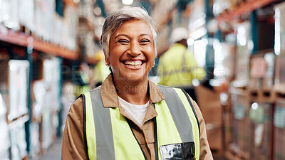 Buy stock photo Woman, portrait and smile in warehouse for logistics, export business and supply chain. Mature supervisor, safety and confident in storage facility with happiness for new distribution opportunity